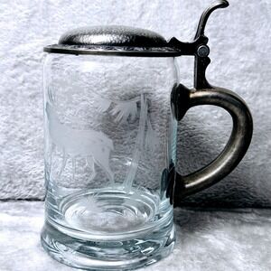 Beer Stein Vintage Etched Glass Pewter Lid Stag Deer Forest Scene German Style